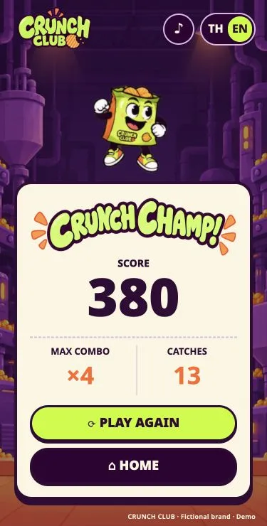 หน้าผลคะแนนเกม CRUNCH CLUB จริง